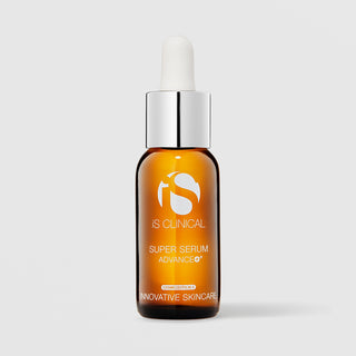 iS Clinical Super Serum Advance+ 0.5oz amber glass dropper bottle with silver cap and white bulb, cosmeceuticals innovative skincare