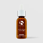 iS Clinical Super Serum Advance+ 1oz amber glass dropper bottle with silver cap and white bulb, cosmeceuticals innovative skincare