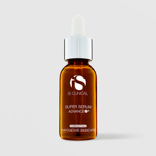 iS Clinical Super Serum Advance+ 1oz amber glass dropper bottle with silver cap and white bulb, cosmeceuticals innovative skincare