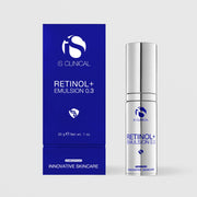 iS Clinical Retinol+ Emulsion 0.3 silver airless pump bottle beside its cobalt blue box, 30g 1 oz, cosmeceuticals innovative skincare