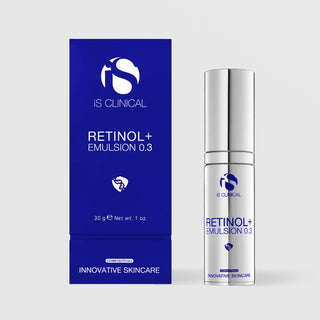 iS Clinical Retinol+ Emulsion 0.3 silver airless pump bottle beside its cobalt blue box, 30g 1 oz, cosmeceuticals innovative skincare