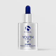 iS Clinical Youth Serum silver glass dropper bottle with cobalt blue bulb and silver cap, cosmeceuticals innovative skincare