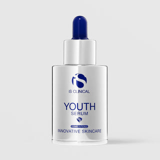 iS Clinical Youth Serum silver glass dropper bottle with cobalt blue bulb and silver cap, cosmeceuticals innovative skincare