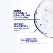 iS Clinical Cleansing Complex benefits infographic over clear gel texture: gentle exfoliating cleanser safe for sensitive skin, AHA and BHA combination resurfaces and smooths, and thoroughly cleanses to minimize pore appearance