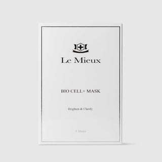 Le Mieux Bio Cell+ Mask brighten and clarify facial sheet mask white retail box with silver border containing 4 masks. Available at Art of Skin Care.
