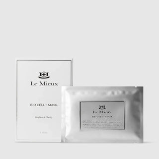 Le Mieux Bio Cell+ Mask brighten and clarify facial sheet mask shown with white retail box containing 4 masks alongside single silver foil packet. Available at Art of Skin Care.