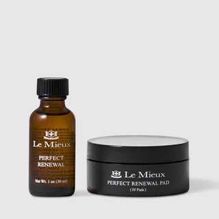 Le Mieux Perfect Renewal Pad exfoliating system including 1 oz 30 ml Perfect Renewal amber glass bottle with black cap alongside black jar containing 30 Perfect Renewal Pads. Available at Art of Skin Care