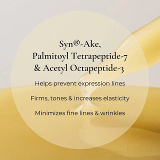 Le Mieux Rx Complex Serum key ingredient graphic showing golden serum texture with Syn-Ake Palmitoyl Tetrapeptide-7 and Acetyl Octapeptide-3 formulated to help prevent expression lines firm tone increase elasticity and minimize fine lines and wrinkles. Available at Art of Skin Care