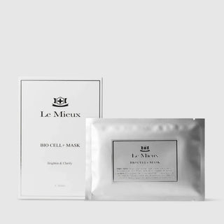 Le Mieux Bio Cell+ Mask brighten and clarify facial sheet mask shown with white retail box containing 4 masks alongside single silver foil packet. Available at Art of Skin Care.