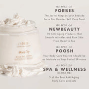 Open jar of Farmhouse Fresh Moon Dip Back to Youth Ageless Body Mousse with whipped mousse spilling over the rim, alongside press feature callouts from Forbes, NewBeauty, Poosh, and Spa & Wellness Mexicaribe