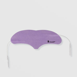 MyoLift conductive microcurrent forehead mask in lavender purple with scalloped edges and dual snap connectors for brow lifting treatment