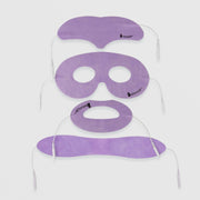 MyoLift conductive microcurrent facial mask set in lavender purple showing all four pieces arranged as a face: forehead, eye, lip, and chin strip masks with snap connectors
