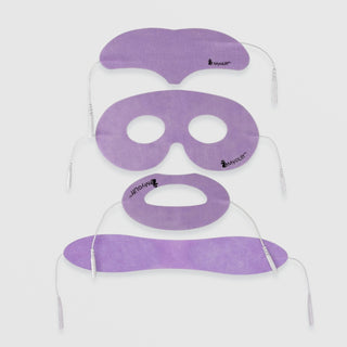 MyoLift conductive microcurrent facial mask set in lavender purple showing all four pieces arranged as a face: forehead, eye, lip, and chin strip masks with snap connectors