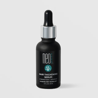 NeoGenesis Hair Thickening Serum Strengthen and Nourish 30 mL in a matte black glass dropper bottle with chrome silver collar and teal hair follicle icon label on a light gray background