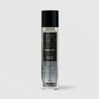 Rhonda Allison Pro Youth 10 Derma-Zyme Liquefying Gommage exfoliant in a 50mL clear airless pump bottle with glossy black cap and black botanical label on a light gray background