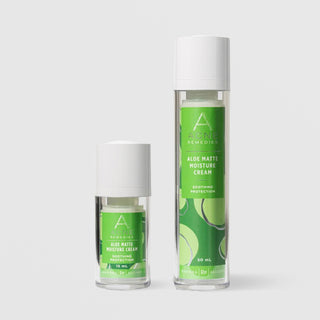 Rhonda Allison Acne Remedies Aloe Matte Moisture Cream soothing protection acne moisturizer shown in both 15mL and 50mL airless pump sizes
