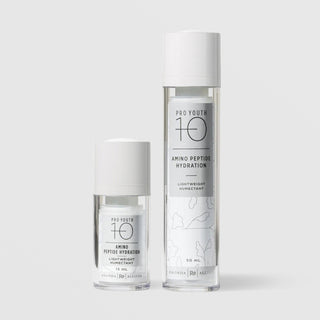 Rhonda Allison Pro Youth 10 Amino Peptide Hydration lightweight humectant serum shown in both 15mL and 50mL airless pump sizes