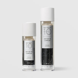 Rhonda Allison Pro Youth 10 Antiox 18 Complex firming cocktail antioxidant serum shown in both 30mL and 50mL airless pump sizes