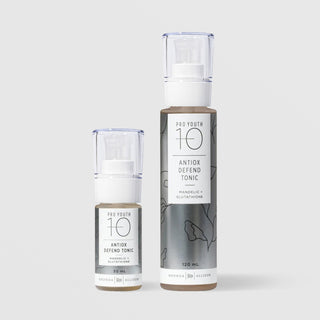 Rhonda Allison Pro Youth 10 Antiox Defend Tonic with mandelic and glutathione antioxidant facial toner shown in both 30mL and 120mL pump bottle sizes