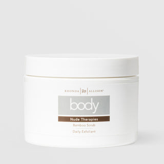 Rhonda Allison Body Nude Therapies Bamboo Scrub Daily Exfoliant in an 8oz white wide-mouth jar with lid on a light gray background