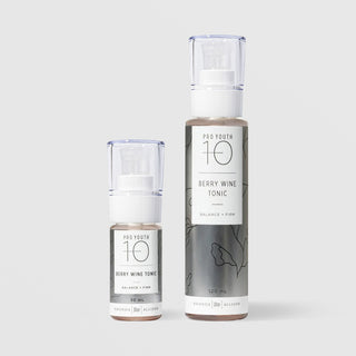 Rhonda Allison Pro Youth 10 Berry Wine Tonic Balance and Firm toner shown in both sizes: 30mL and 120mL glass pump bottles with botanical labels on a light gray background