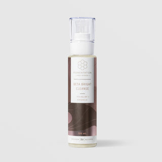 Rhonda Allison Pigmentation Solutions Beta Bright Cleanse PIH Relief and Mandelic cleanser in a 120mL pump bottle with clear cap and mauve botanical label on a light gray background