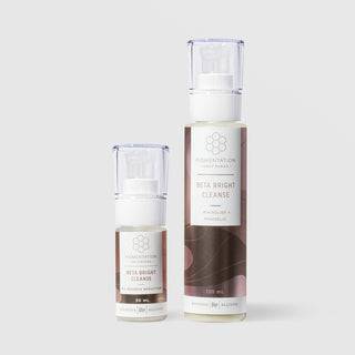 Rhonda Allison Pigmentation Solutions Beta Bright Cleanse shown in both sizes: 30mL and 120mL pump bottles with mauve and rose labels on a light gray background