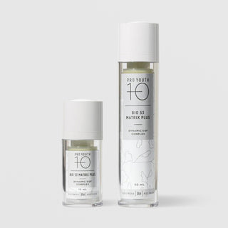 Rhonda Allison Pro Youth 10 Bio 53 Matrix Plus dynamic EGF complex anti-aging serum shown in both 15mL and 50mL airless pump sizes