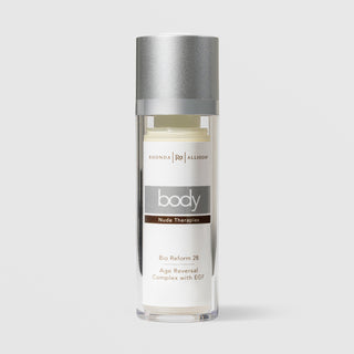 Rhonda Allison Body Nude Therapies Bio Reform 28 Age Reversal Complex with EGF in a 1oz clear airless pump bottle with silver cap on a light gray background