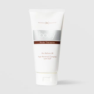 Rhonda Allison Body Nude Therapies Bio Reform 28 Age Reversal Complex with EGF in a 4oz white squeeze tube on a light gray background