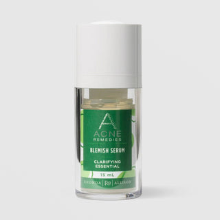 Rhonda Allison Acne Remedies Blemish Serum Clarifying Essential in a 15mL clear airless pump bottle with white cap and green label on a light gray background