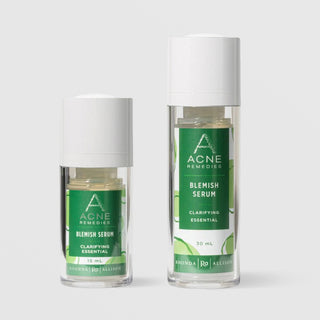 Rhonda Allison Acne Remedies Blemish Serum Clarifying Essential shown in both sizes: 15mL and 30mL clear airless pump bottles with white caps and green labels on a light gray background