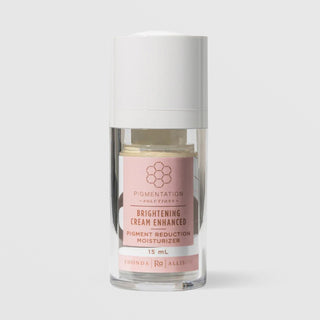 Rhonda Allison Pigmentation Solutions Brightening Cream Enhanced Pigment Reduction Moisturizer in a 15mL clear airless pump bottle with white cap and blush pink label on a light gray background