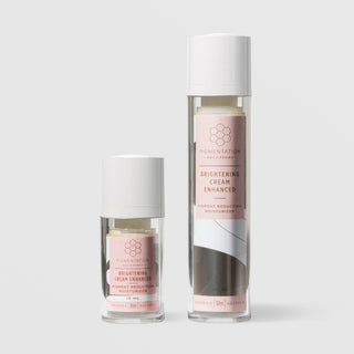 Rhonda Allison Pigmentation Solutions Brightening Cream Enhanced Pigment Reduction Moisturizer shown in both sizes: 15mL and 50mL clear airless pump bottles with white caps and blush pink labels on a light gray background