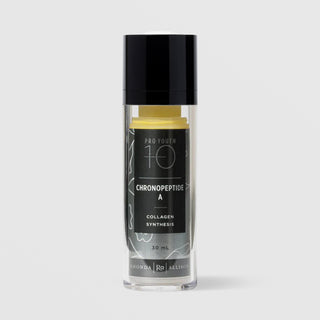 Rhonda Allison Pro Youth 10 Chronopeptide A Collagen Synthesis serum in a 30mL clear airless pump bottle with glossy black cap and black botanical label on a light gray background
