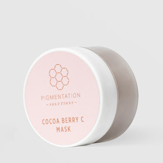 Rhonda Allison Pigmentation Solutions Cocoa Berry C Mask in a white low-profile jar with blush pink lid label and rose gold honeycomb logo on a light gray background