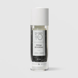 Rhonda Allison Pro Youth 10 DNAge Reversal Lipoic and CoQ10 antioxidant serum in a 30mL clear airless pump bottle with white cap and black botanical label on a light gray background