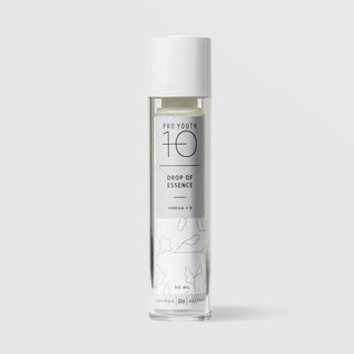 Rhonda Allison Pro Youth 10 Drop of Essence Omega and Vitamin E facial oil in a 50mL clear airless pump bottle with white cap and white botanical label on a light gray background