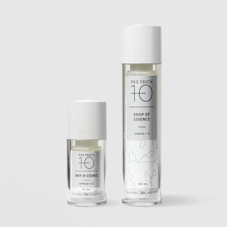 Rhonda Allison Pro Youth 10 Drop of Essence Omega and Vitamin E facial oil shown in both sizes: 15mL and 50mL clear airless pump bottles with white caps and botanical labels on a light gray background