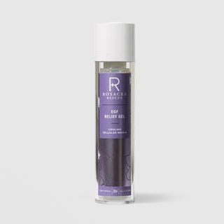 Rhonda Allison Rosacea Rescue EGF Relief Gel Cooling Cellular Repair in a 50mL clear airless pump bottle with white cap and purple floral label on a light gray background