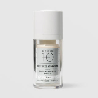 Rhonda Allison Pro Youth 10 Elite Luxe Hydration EGF Peptides and Antioxidant moisturizer in a 15mL clear airless pump bottle with white cap and gray botanical label on a light gray background