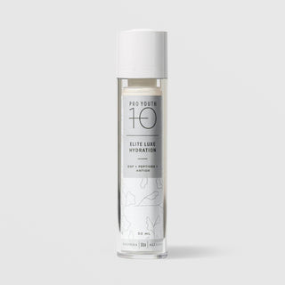 Rhonda Allison Pro Youth 10 Elite Luxe Hydration EGF Peptides and Antioxidant moisturizer in a 50mL clear airless pump bottle with white cap and gray botanical label on a light gray background