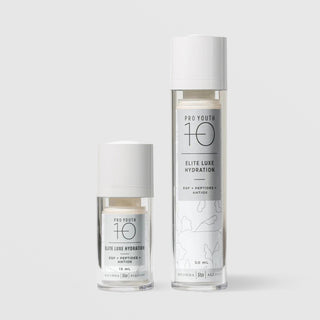Rhonda Allison Pro Youth 10 Elite Luxe Hydration EGF Peptides and Antioxidant moisturizer shown in both sizes: 15mL and 50mL clear airless pump bottles with white caps and gray botanical labels on a light gray background