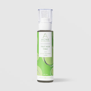 Rhonda Allison Acne Remedies Fruit Acid Tonic Active Treatment Toner in a 120mL pump bottle with clear cap and bright green label on a light gray background