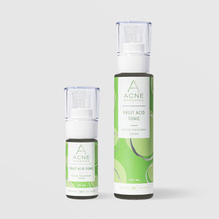 Rhonda Allison Acne Remedies Fruit Acid Tonic Active Treatment Toner shown in both sizes: 30mL and 120mL pump bottles with clear caps and bright green labels on a light gray background