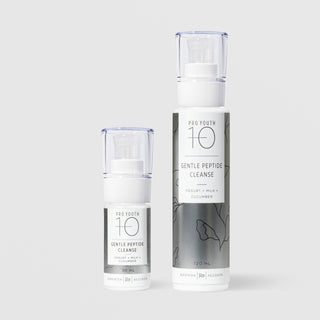 Rhonda Allison Pro Youth 10 Gentle Peptide Cleanse with yogurt milk and cucumber facial cleanser shown in both 30mL and 120mL pump bottle sizes