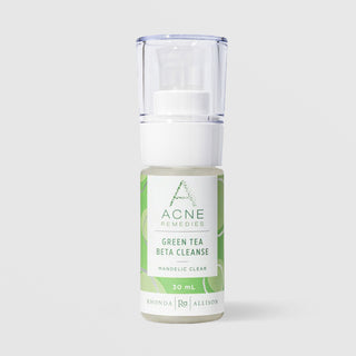 Rhonda Allison Acne Remedies Green Tea Beta Cleanse Mandelic Clear cleanser in a 30mL pump bottle with clear cap and light green label on a light gray background