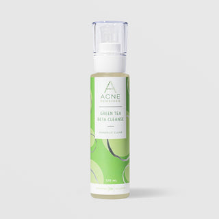 Rhonda Allison Acne Remedies Green Tea Beta Cleanse Mandelic Clear cleanser in a 120mL pump bottle with clear cap and light green label on a light gray background
