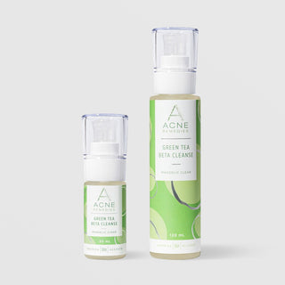 Rhonda Allison Acne Remedies Green Tea Beta Cleanse Mandelic Clear cleanser shown in both sizes: 30mL and 120mL pump bottles with clear caps and light green labels on a light gray background