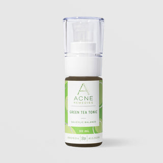 Rhonda Allison Acne Remedies Green Tea Tonic Salicylic Balance toner in a 30mL pump bottle with clear cap and light green label on a light gray background